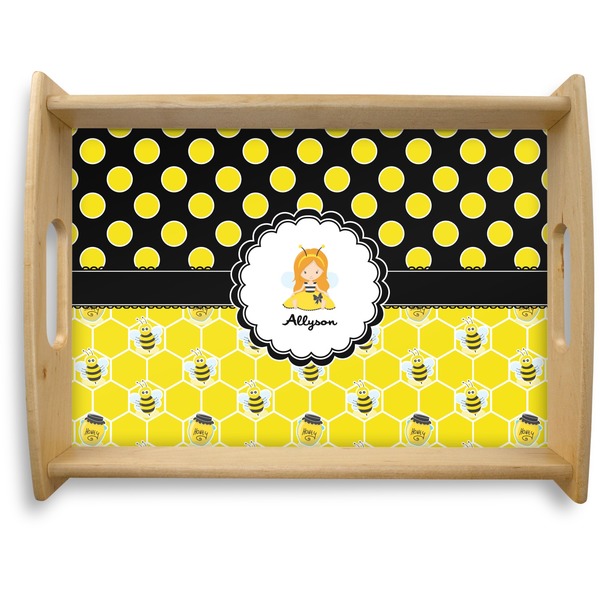 Custom Honeycomb, Bees & Polka Dots Natural Wooden Tray - Large (Personalized)