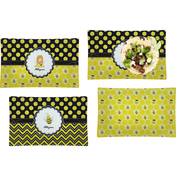 Custom Honeycomb, Bees & Polka Dots Set of 4 Glass Rectangular Lunch / Dinner Plate (Personalized)