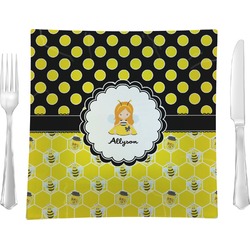Honeycomb, Bees & Polka Dots Glass Square Lunch / Dinner Plate 9.5" (Personalized)