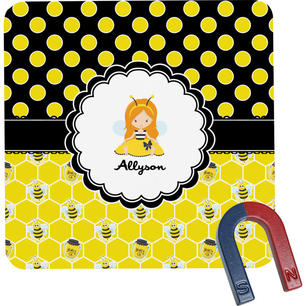 Custom Honeycomb, Bees & Polka Dots Square Fridge Magnet (Personalized)