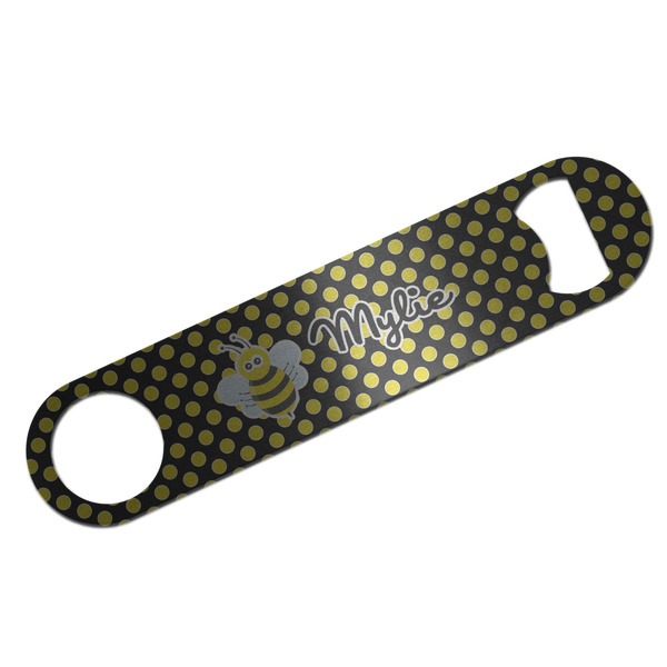 Custom Bee & Polka Dots Bar Bottle Opener - Silver w/ Name or Text