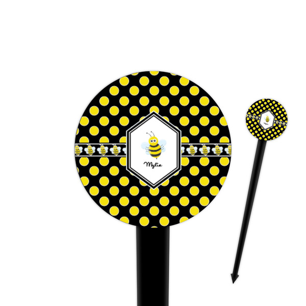 Custom Bee & Polka Dots 4" Round Plastic Food Picks - Black - Double Sided (Personalized)