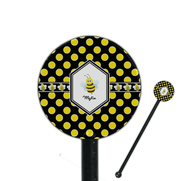 Custom Bee & Polka Dots 5.5" Round Plastic Stir Sticks - Black - Double Sided (Personalized)