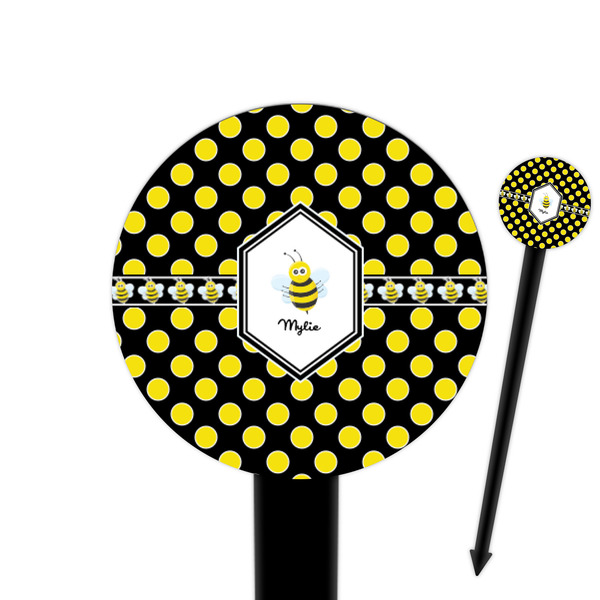 Custom Bee & Polka Dots 6" Round Plastic Food Picks - Black - Single Sided (Personalized)