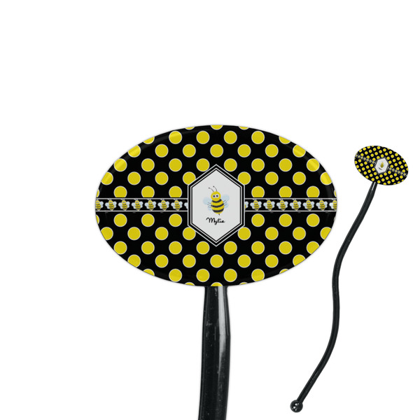 Custom Bee & Polka Dots 7" Oval Plastic Stir Sticks - Black - Double Sided (Personalized)