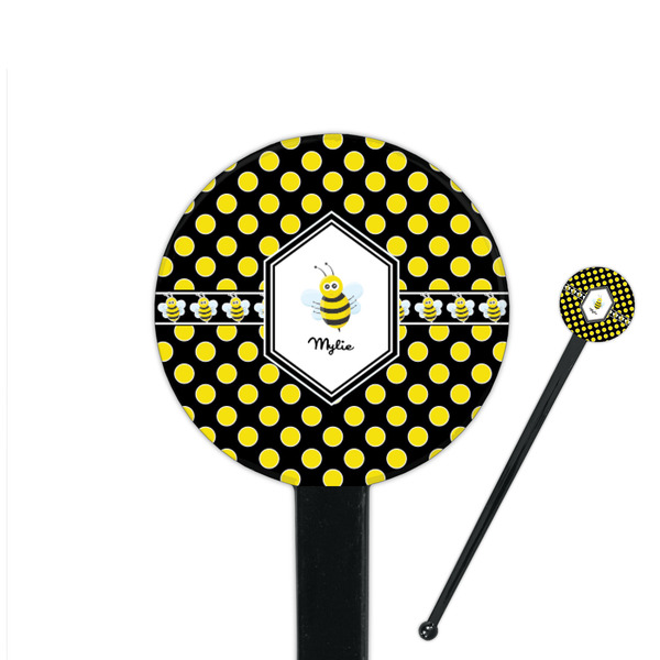 Custom Bee & Polka Dots 7" Round Plastic Stir Sticks - Black - Single Sided (Personalized)