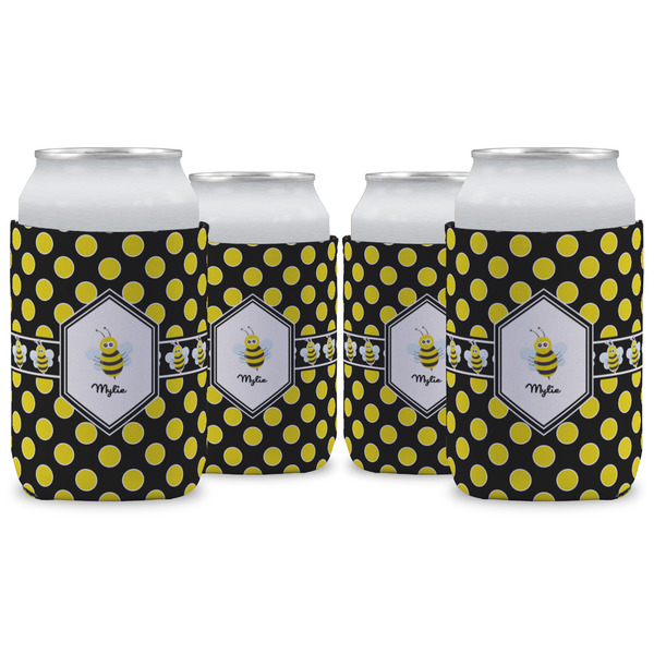 Custom Bee & Polka Dots Can Cooler (12 oz) - Set of 4 w/ Name or Text