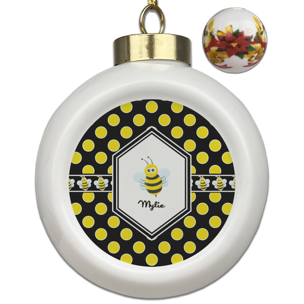 Custom Bee & Polka Dots Ceramic Ball Ornaments - Poinsettia Garland (Personalized)