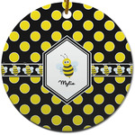 Bee & Polka Dots Round Ceramic Ornament w/ Name or Text