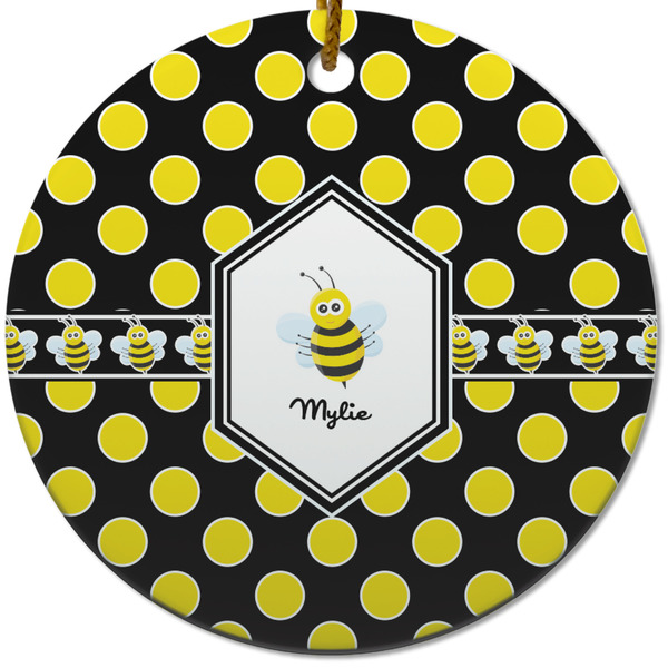 Custom Bee & Polka Dots Round Ceramic Ornament w/ Name or Text