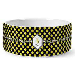 Bee & Polka Dots Ceramic Dog Bowl - Medium (Personalized)