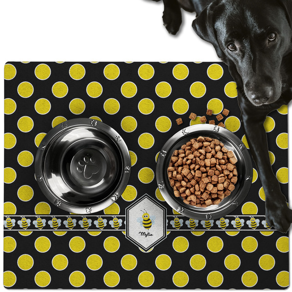 Custom Bee & Polka Dots Dog Food Mat - Large w/ Name or Text