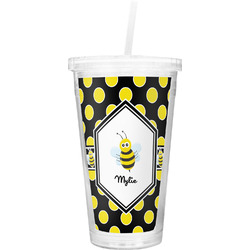 Bee & Polka Dots Double Wall Tumbler with Straw (Personalized)