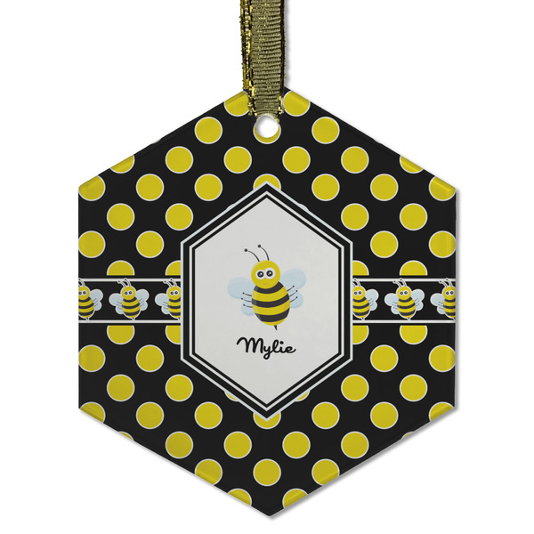 Custom Bee & Polka Dots Flat Glass Ornament - Hexagon w/ Name or Text