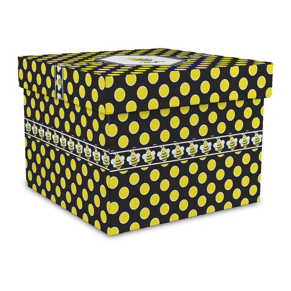 Custom Bee & Polka Dots Gift Box with Lid - Canvas Wrapped - Large (Personalized)