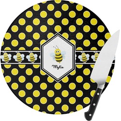 Bee & Polka Dots Round Glass Cutting Board - Medium (Personalized)