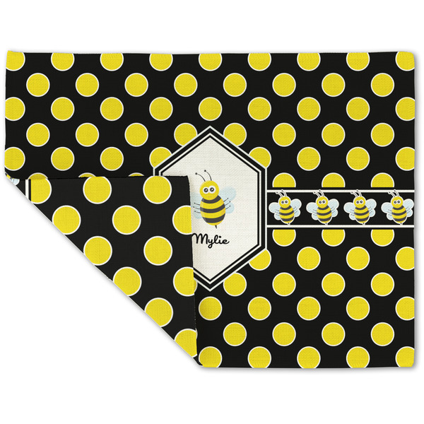 Custom Bee & Polka Dots Double-Sided Linen Placemat - Single w/ Name or Text