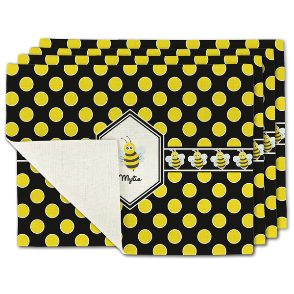 Custom Bee & Polka Dots Single-Sided Linen Placemat - Set of 4 w/ Name or Text