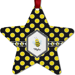 Bee & Polka Dots Metal Star Ornament - Double Sided w/ Name or Text