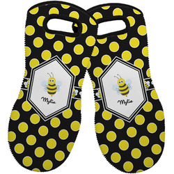Bee & Polka Dots Neoprene Oven Mitts - Set of 2 w/ Name or Text