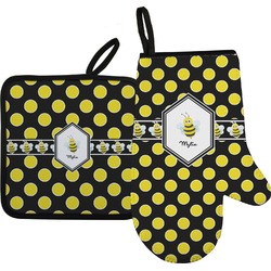 Bee & Polka Dots Oven Mitt & Pot Holder Set w/ Name or Text