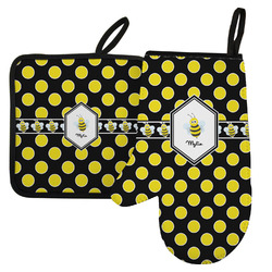Bee & Polka Dots Left Oven Mitt & Pot Holder Set w/ Name or Text
