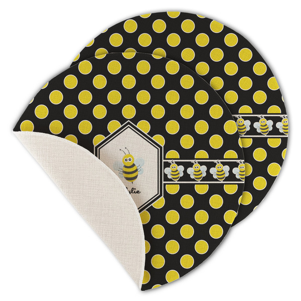 Custom Bee & Polka Dots Round Linen Placemat - Single Sided - Set of 4 (Personalized)