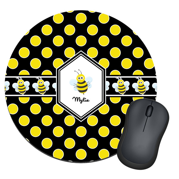 Custom Bee & Polka Dots Round Mouse Pad (Personalized)