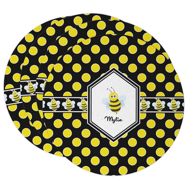 Custom Bee & Polka Dots Round Paper Coasters w/ Name or Text