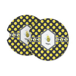 Bee & Polka Dots Sandstone Car Coasters - Set of 2 (Personalized)
