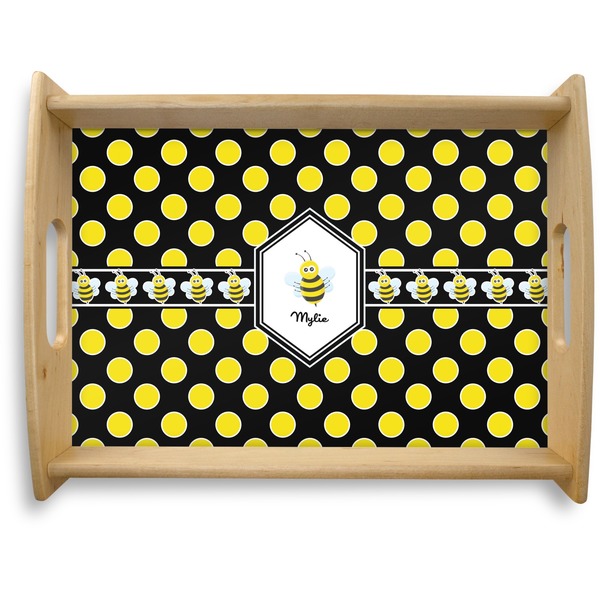 Custom Bee & Polka Dots Natural Wooden Tray - Large (Personalized)