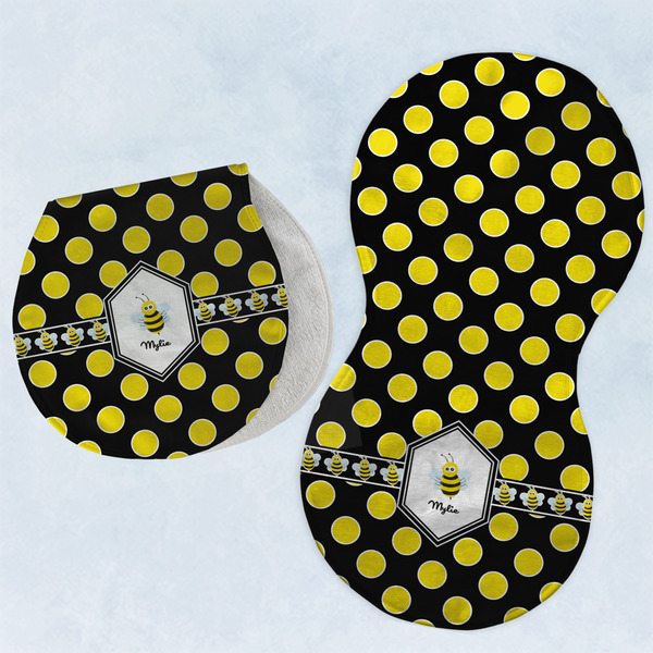 Custom Bee & Polka Dots Burp Pads - Velour - Set of 2 w/ Name or Text