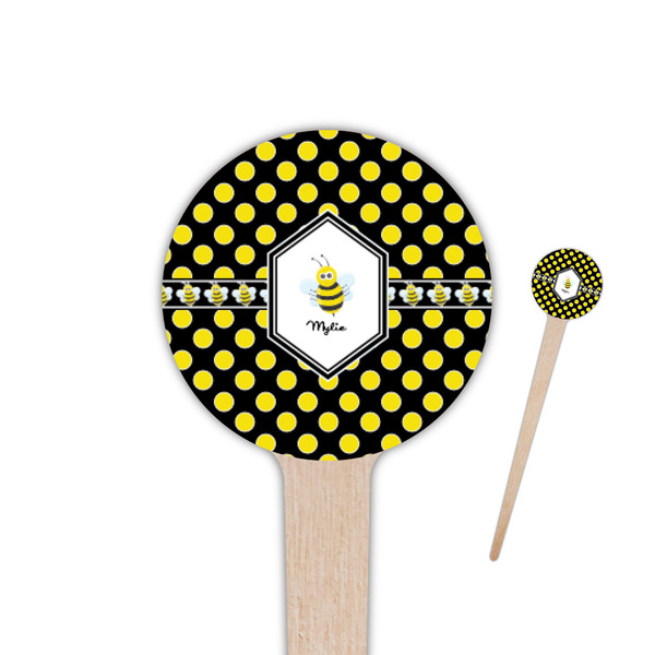 Custom Bee & Polka Dots 4" Round Wooden Food Picks - Single Sided (Personalized)