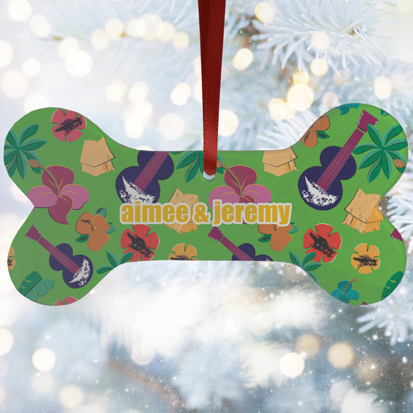 Custom Luau Party Ceramic Dog Ornament w/ Couple's Names