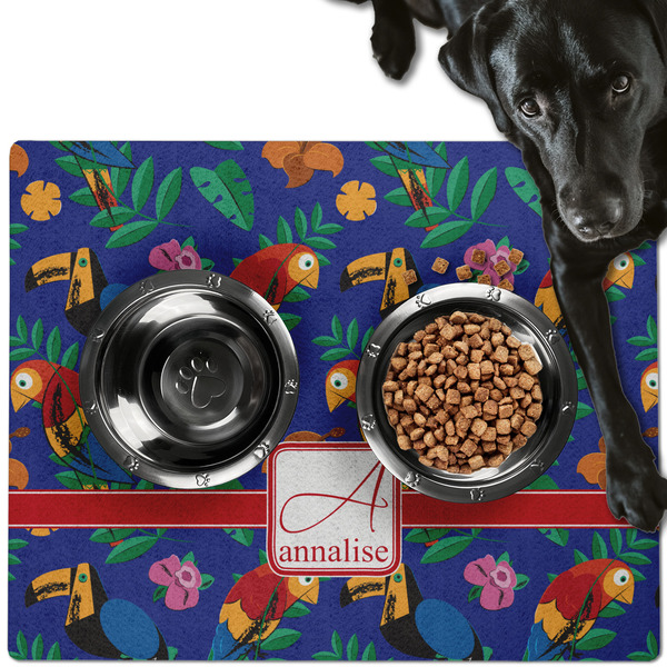 Custom Parrots & Toucans Dog Food Mat - Large w/ Name and Initial