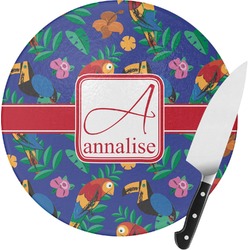 Parrots & Toucans Round Glass Cutting Board - Medium (Personalized)