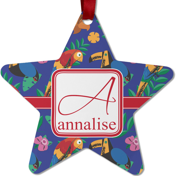 Custom Parrots & Toucans Metal Star Ornament - Double Sided w/ Name and Initial