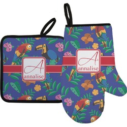 Parrots & Toucans Right Oven Mitt & Pot Holder Set w/ Name and Initial