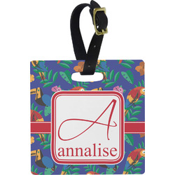 Parrots & Toucans Plastic Luggage Tag - Square w/ Name and Initial