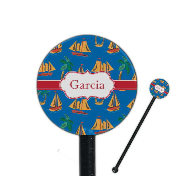 Custom Boats & Palm Trees 5.5" Round Plastic Stir Sticks - Black - Double Sided (Personalized)