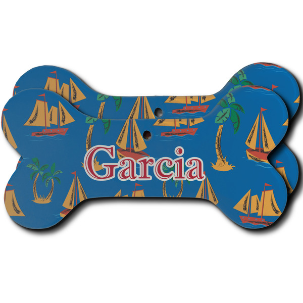 Custom Boats & Palm Trees Ceramic Dog Ornament - Front & Back w/ Name or Text