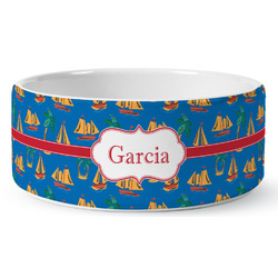 Boats & Palm Trees Ceramic Dog Bowl (Personalized)
