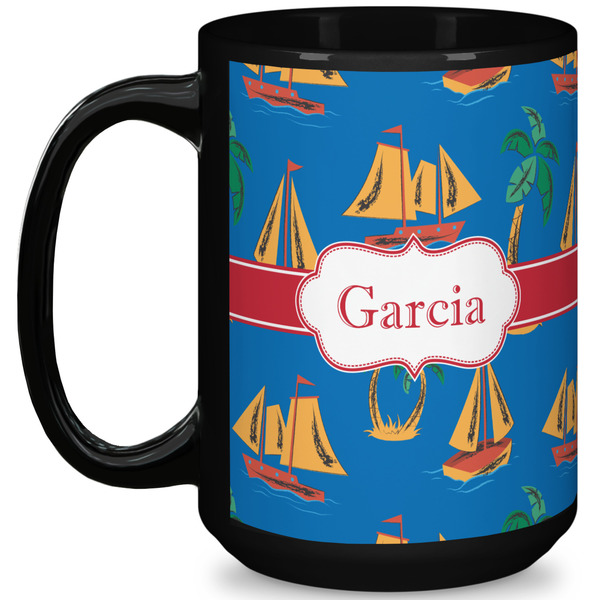 Custom Boats & Palm Trees 15 Oz Coffee Mug - Black (Personalized)