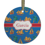 Boats & Palm Trees Flat Glass Ornament - Round w/ Name or Text