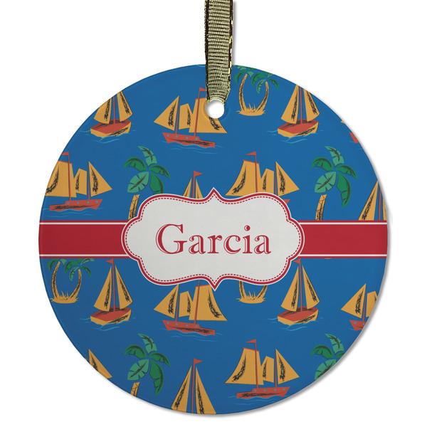 Custom Boats & Palm Trees Flat Glass Ornament - Round w/ Name or Text