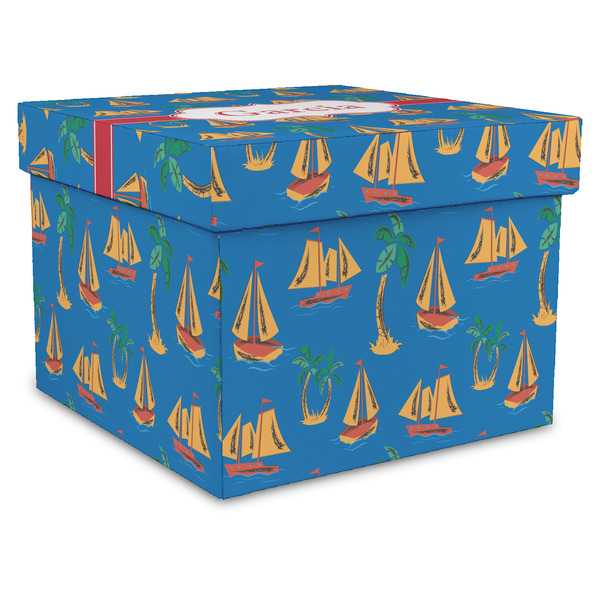 Custom Boats & Palm Trees Gift Box with Lid - Canvas Wrapped - XX-Large (Personalized)