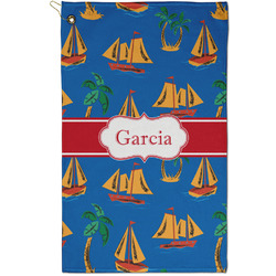 Boats & Palm Trees Golf Towel - Poly-Cotton Blend - Small w/ Name or Text
