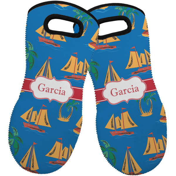 Custom Boats & Palm Trees Neoprene Oven Mitts - Set of 2 w/ Name or Text