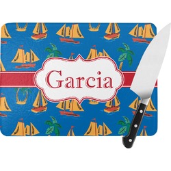 Boats & Palm Trees Rectangular Glass Cutting Board - Large - 15.25"x11.25" w/ Name or Text