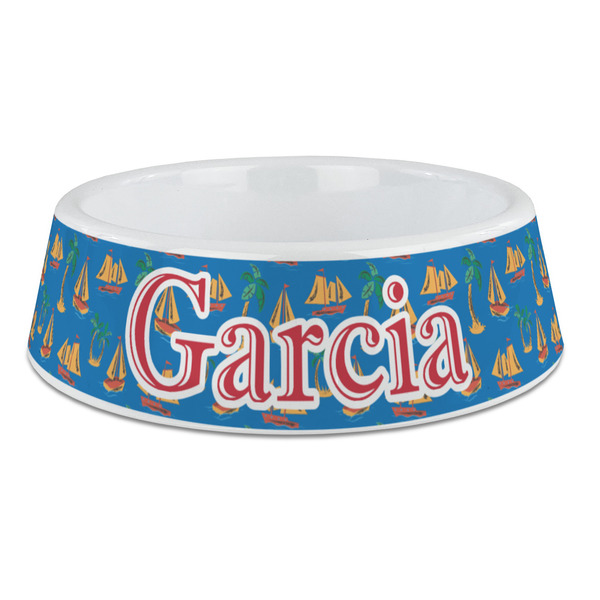 Custom Boats & Palm Trees Plastic Dog Bowl - Large (Personalized)